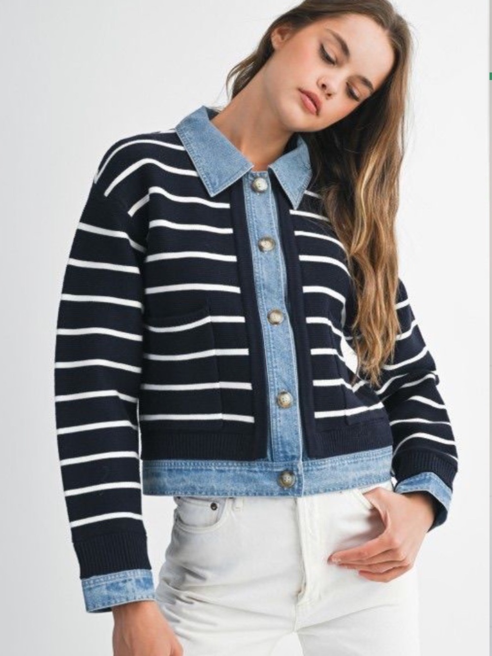 MABLE Navy and White Striped Knit Jean-Trim Jacket M New